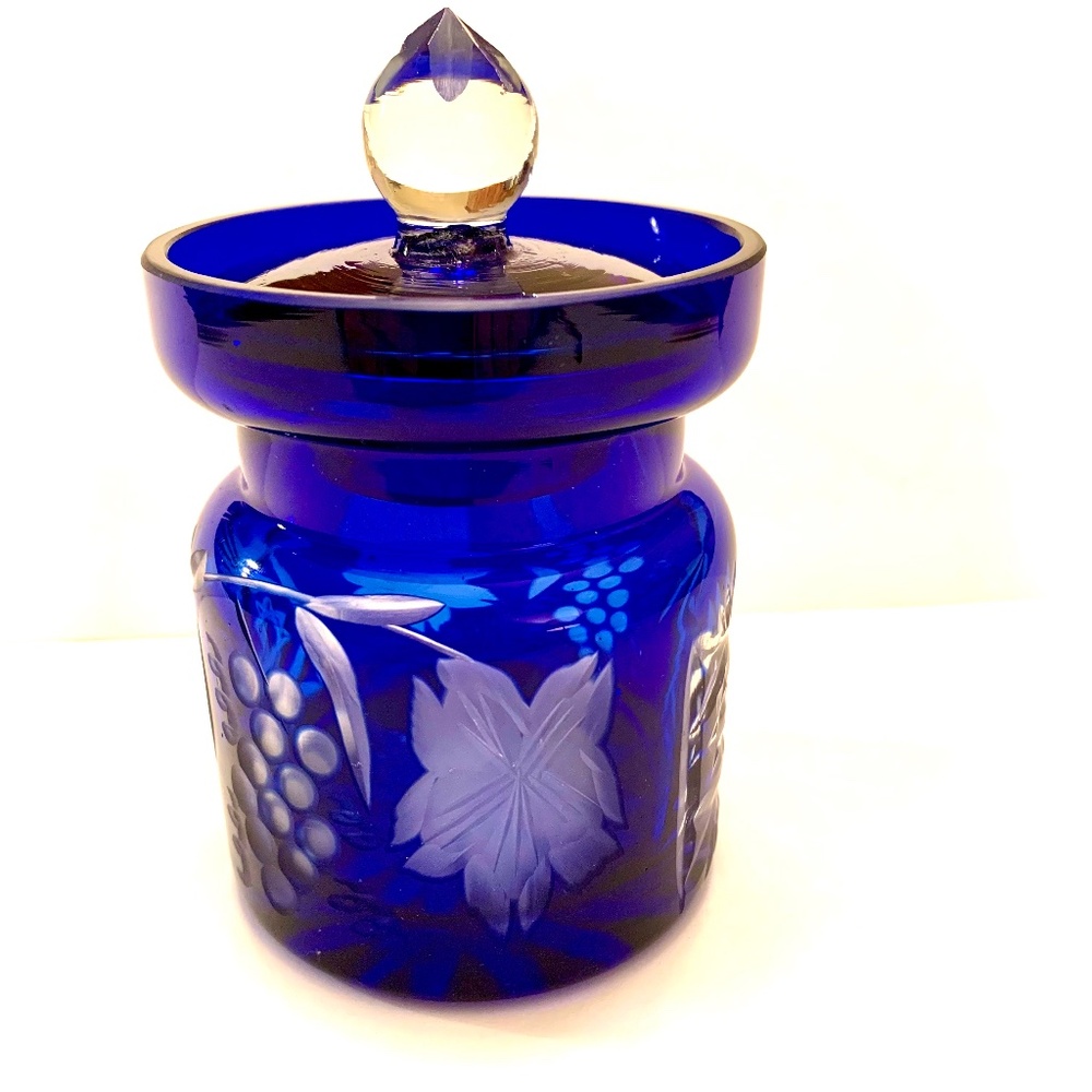 Vintage 1950s Cobalt Blue Crystal Cut Honey/Jam Jar with Lid